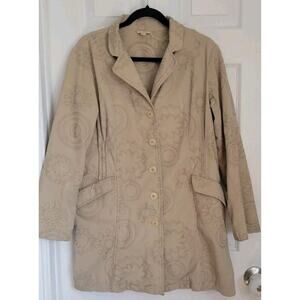 J Jill Trench Coat Cotton Stretch Embroidered Button Front Womens Size Small
